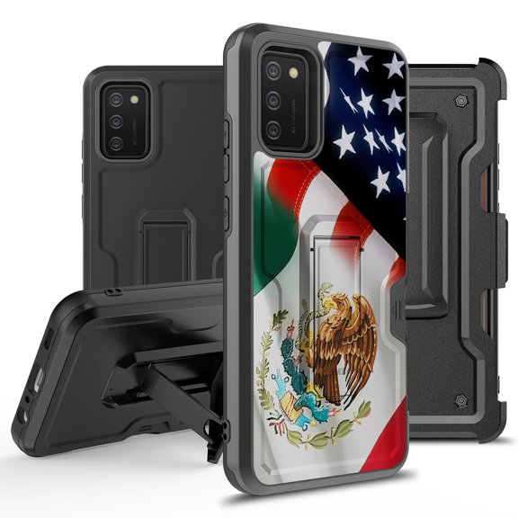 ANJ  Rugged Hybrid Shockproof Case w/Kickstand   Holster Clip Card Slot Cover for Samsung Galaxy A02S (SM-A025) - Mexican/US Flag