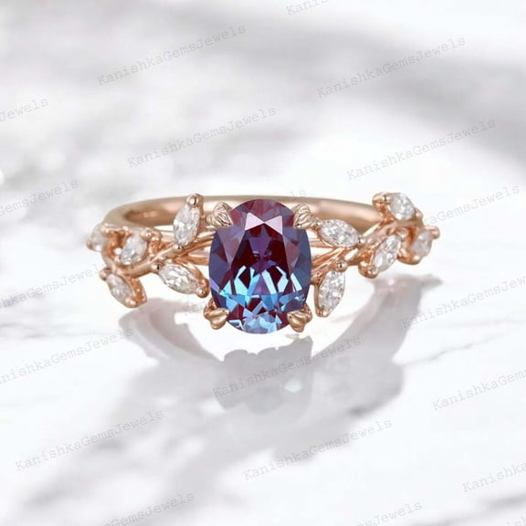 KANISHKAGEMS&JEWELS 2Ct 8x6mm / Alexandrite Engagement Ring CZ Diamond Leaf Twig Ring Bridal Wedding Women Jewelry Valentine's Day Gift For Lover