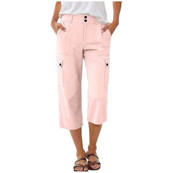 RQYYD Women's Double Button Waist Cargo Capri Pants with Pockets Casual Utility Trousers for Casual Outings