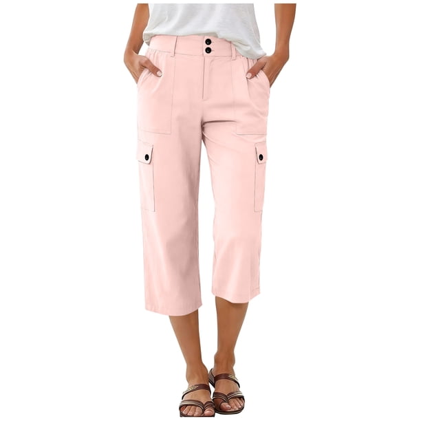 Pantalones de Cintura Elástica para Mujeres Color Sólido Ropa Casual Bolsillos de Longitud Completa Capris Mujeres Cintura Elástica Capris