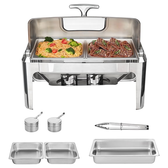 KFFKFF 9 Qt Roll Top Chafing Dish Buffet, Rectangular Stainless Steel Chafer with 2 Half Size Pans & Visible Glass Lid Fuel Container Catering Warmer Server