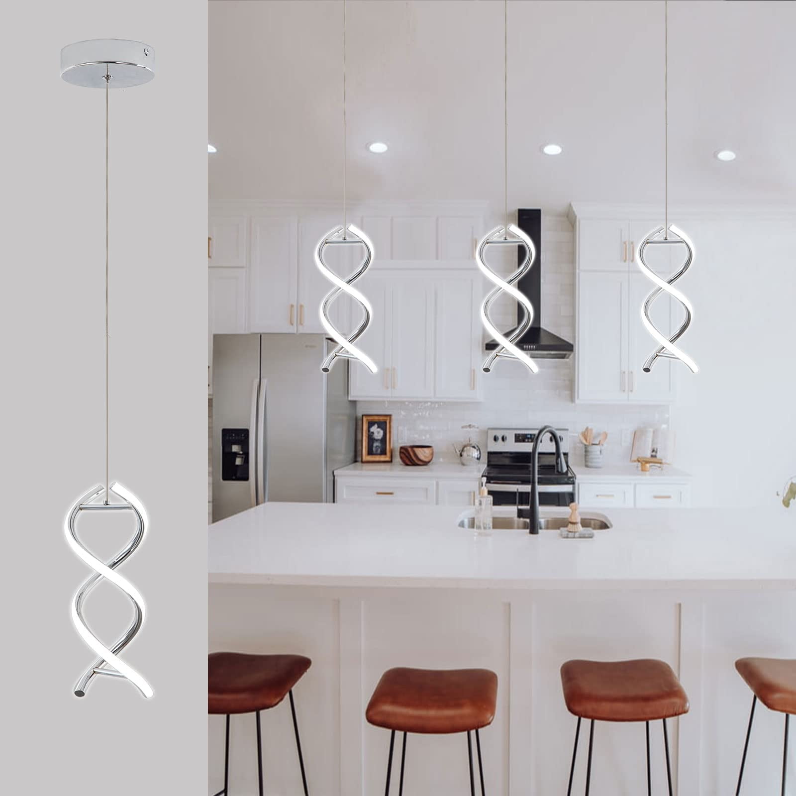 ADISUN Led Pendant Light Spiral Ceiling Lights Fixture Modern Hanging Lamp Adjustable Island Light Cool White Light for Living Room Bedroom Kitchen, Chrome