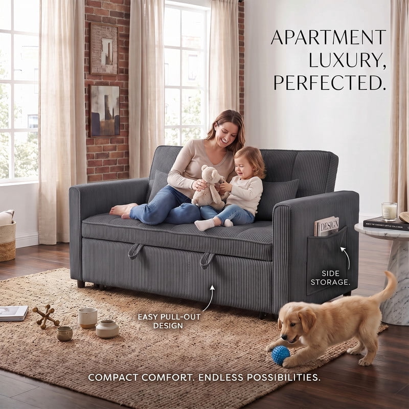 Gewnee 54" Sofa Bed, Convertible Sleeper Sofa & Pull Out Couch with Adjustable Backrest and Storage Pocket, Black(Corduroy)