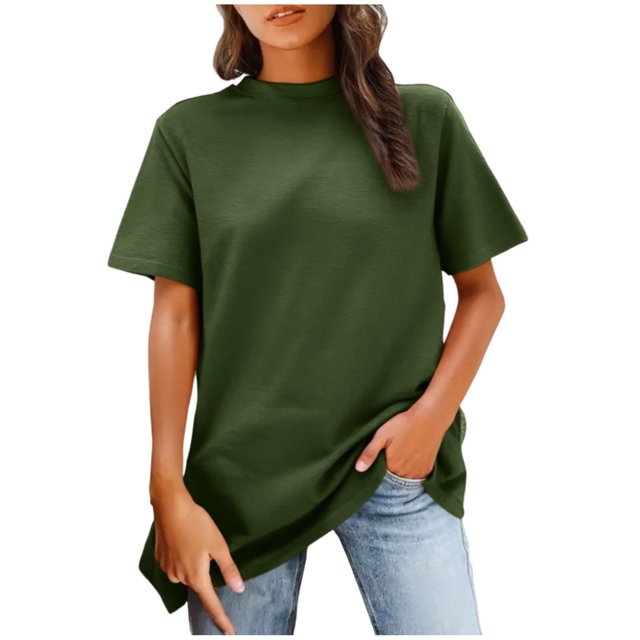 Shirt for Women Plus Size Short Sleeve Round Neck Solid Color Blouse Army Green XXL