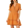 thumbnail image 1 of INSPIRE CHIC Robe d'Été pour Femme Col en V Manches Bouffantes Taille Smockée Robe Courte Décontractée Orange G, 1 of 6
