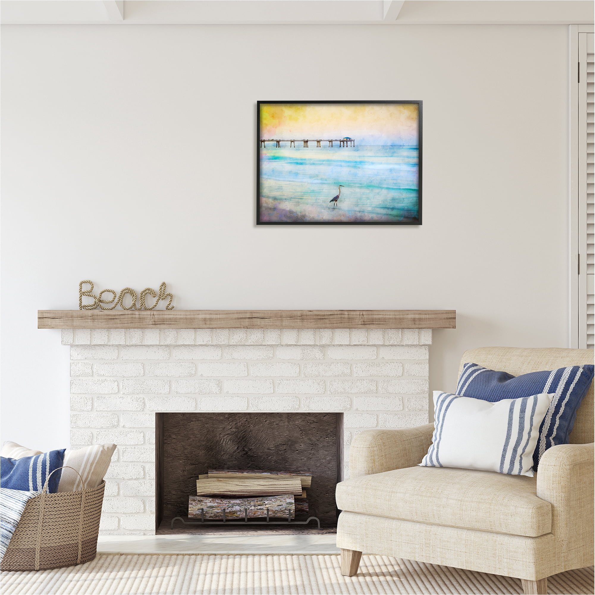 Stupell Industries Abstract Heron on Shore Animals & Insects Painting Black Framed Art Print Wall Art, 30 x 24