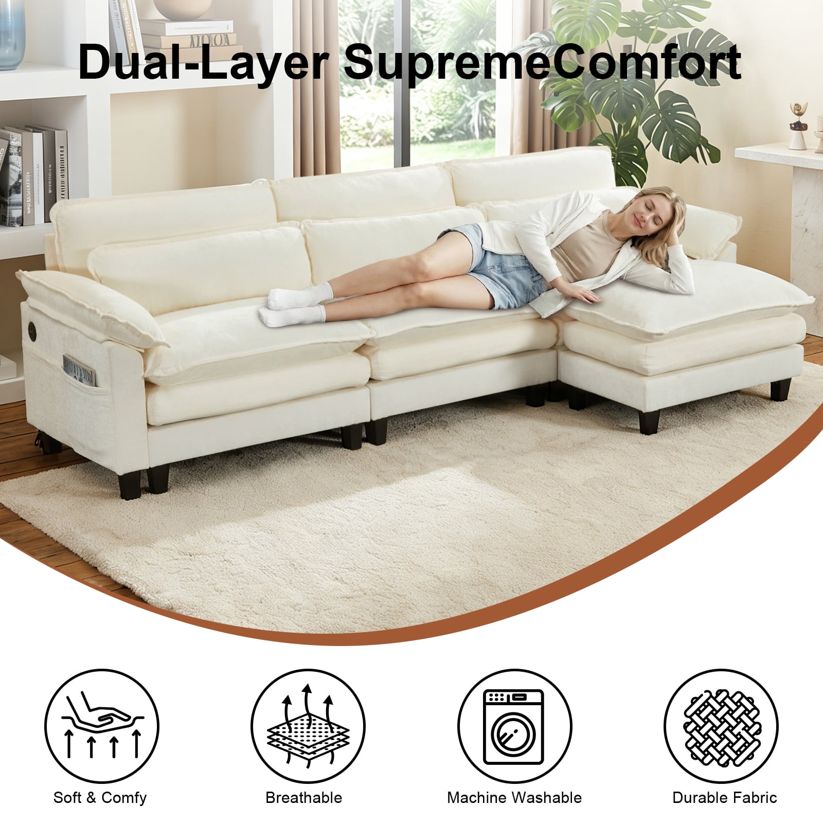 Howcool 113" Modular Sectional Sofa with Movable Ottoman , 3 Seater L Shaped Cloud Couch for Living Room, USB Charging Ports & Side Pockets, Chenille Fabric, Beige