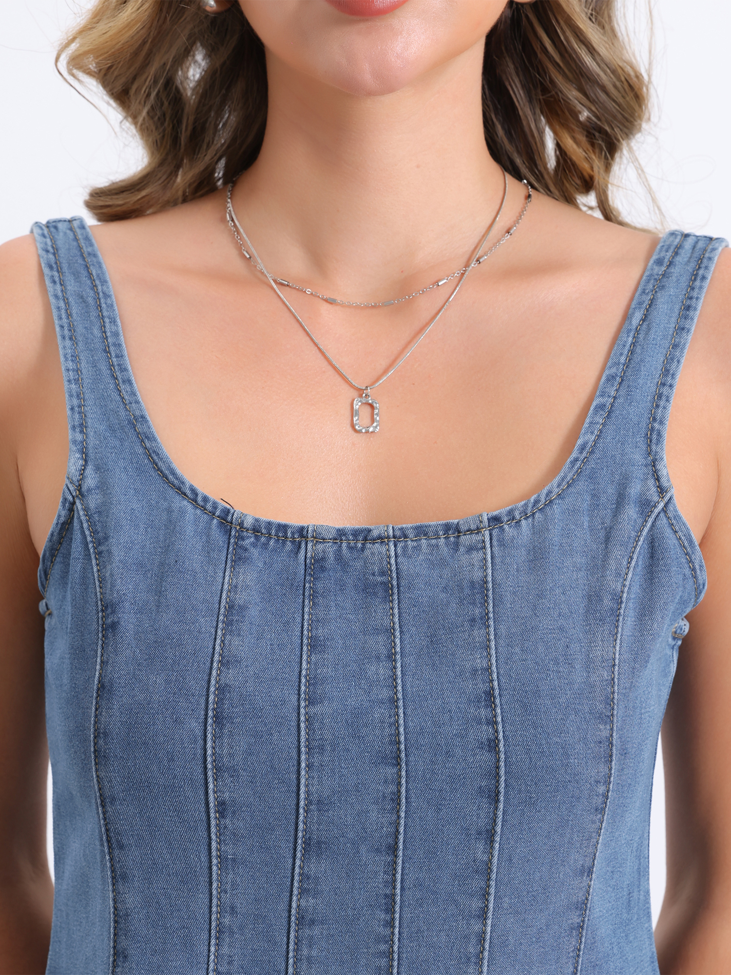 DARING DIVA Stylish Denim Casual Tank Square Neck Mini Dress M Light Blue