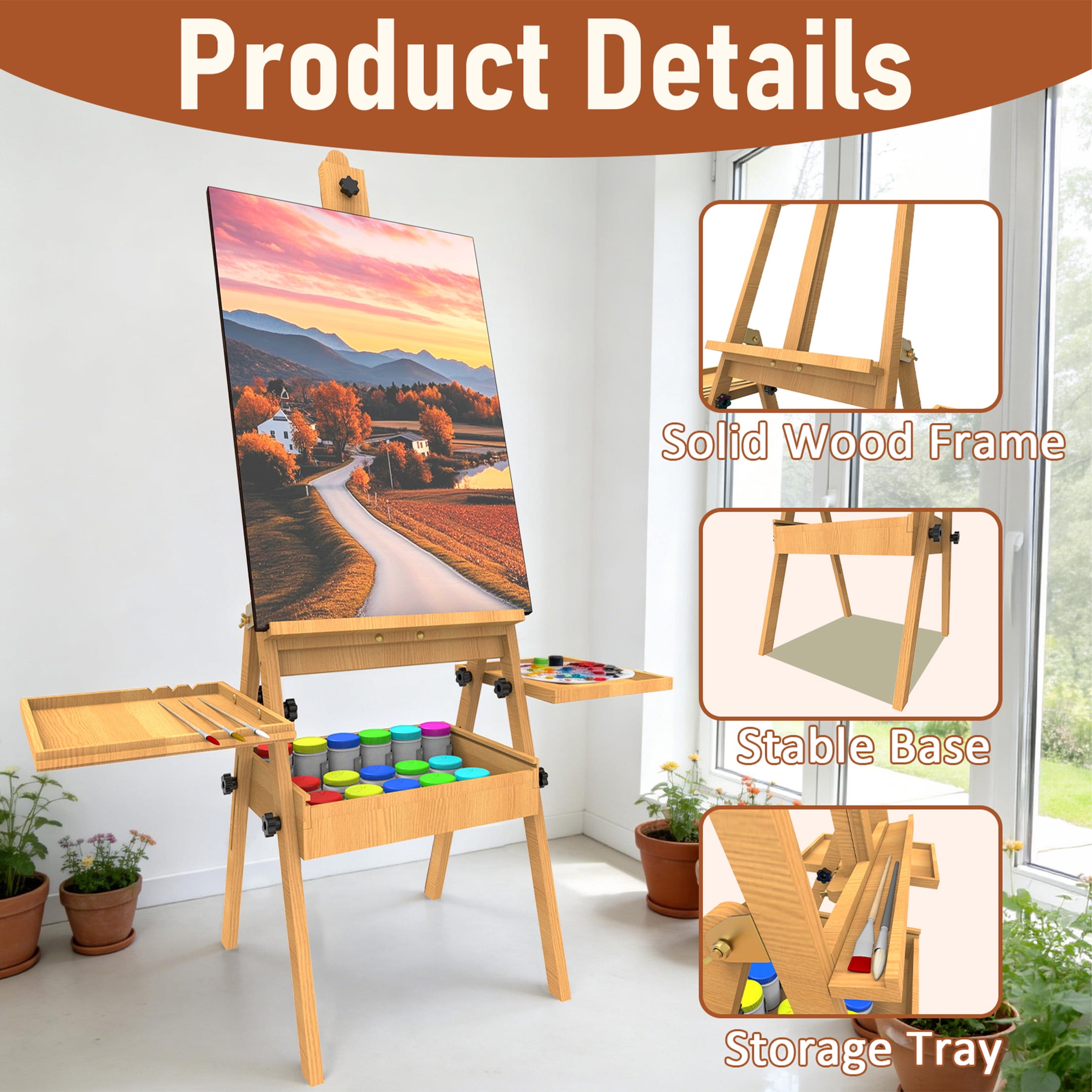 Yacona Art Easel for Painting, Wooden Easel for Adults, H-Frame with Storage Drawer, Natural Style