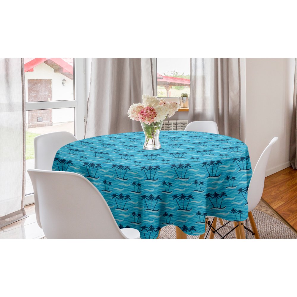 Tropical Round Tablecloth, Palm Trees Island Exotic Branches on Ocean Waves Holiday Beach