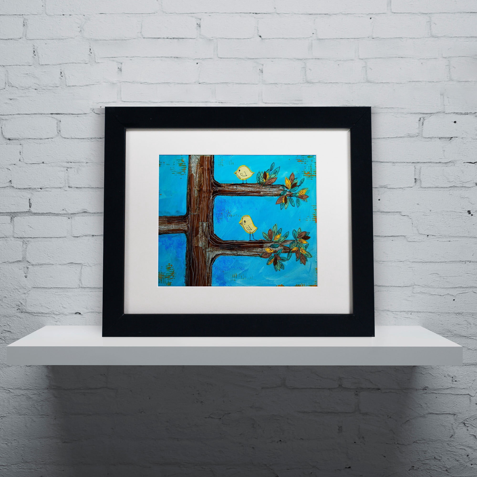 Trademark Fine Art "Birds in a Tree Mixed Media" Canvas Art by Nicole Dietz, White Matte/Black Frame