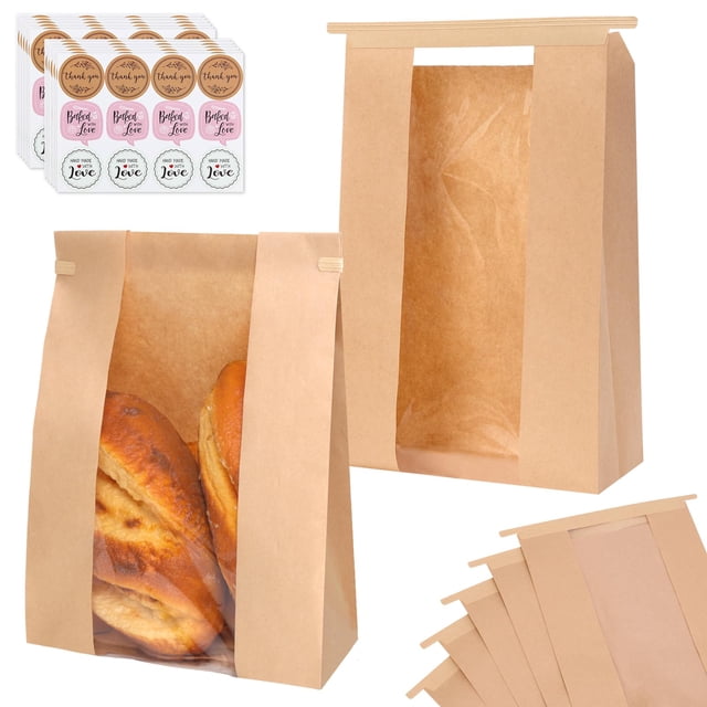 Moretoes 120 Pack Large Paper Bread Bags for Homemade Bread, 13.7x8.3x3.5 Inches, Sourdough Bread Bags with Tin Tie Tab and Clear Front Window, Inclu