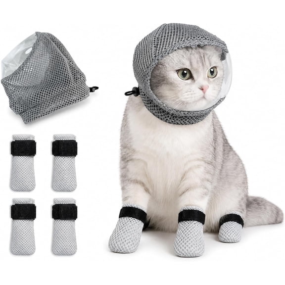 GASTROPOD Cat Grooming Hood Set with 4 Paw Covers,Adjustable Transparent Cat Muzzle Protective Face Hood with Transparent Panel