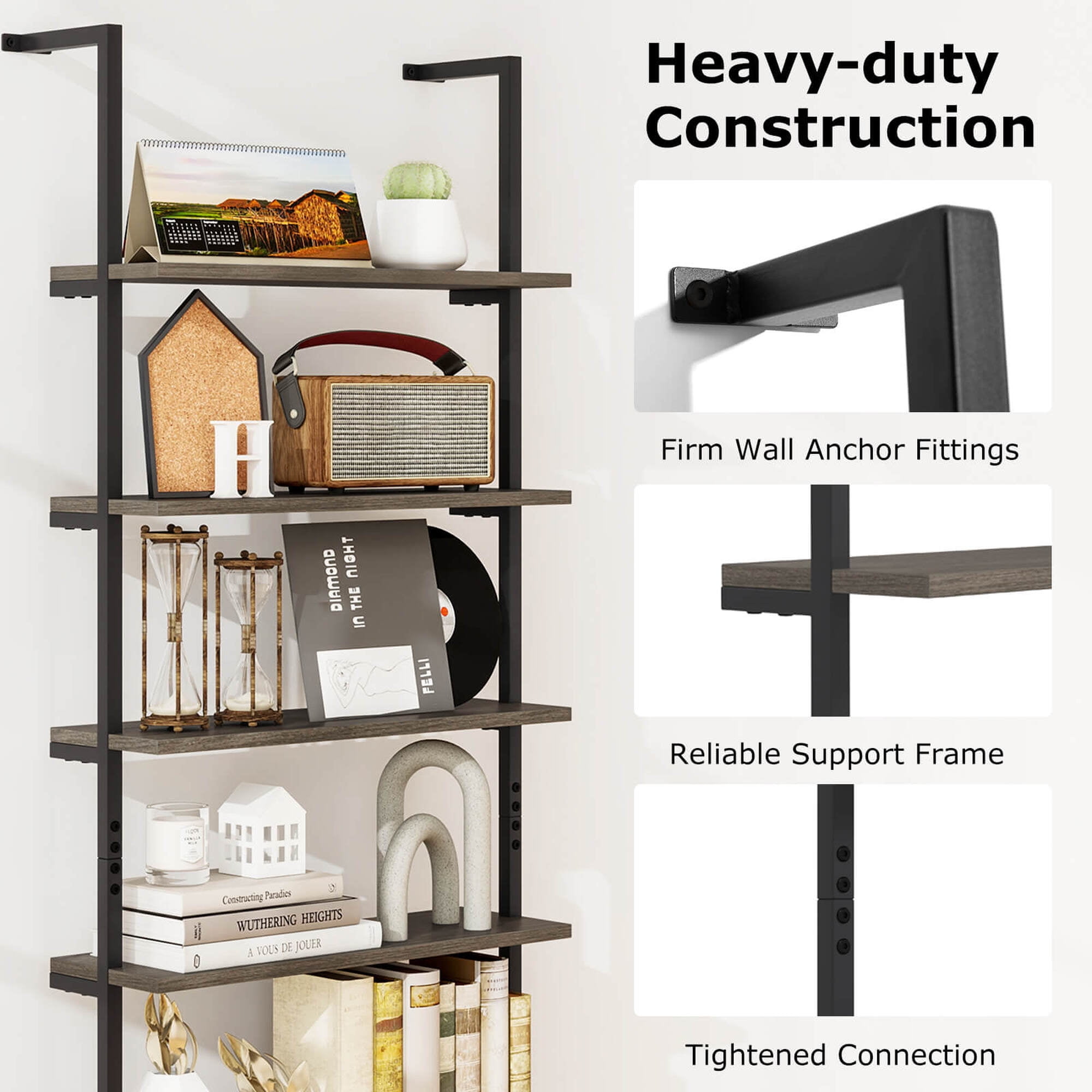 Costway 6-tier Ladder Shelf 72 Inches Industrial Wall Mounted Bookshelf Oak