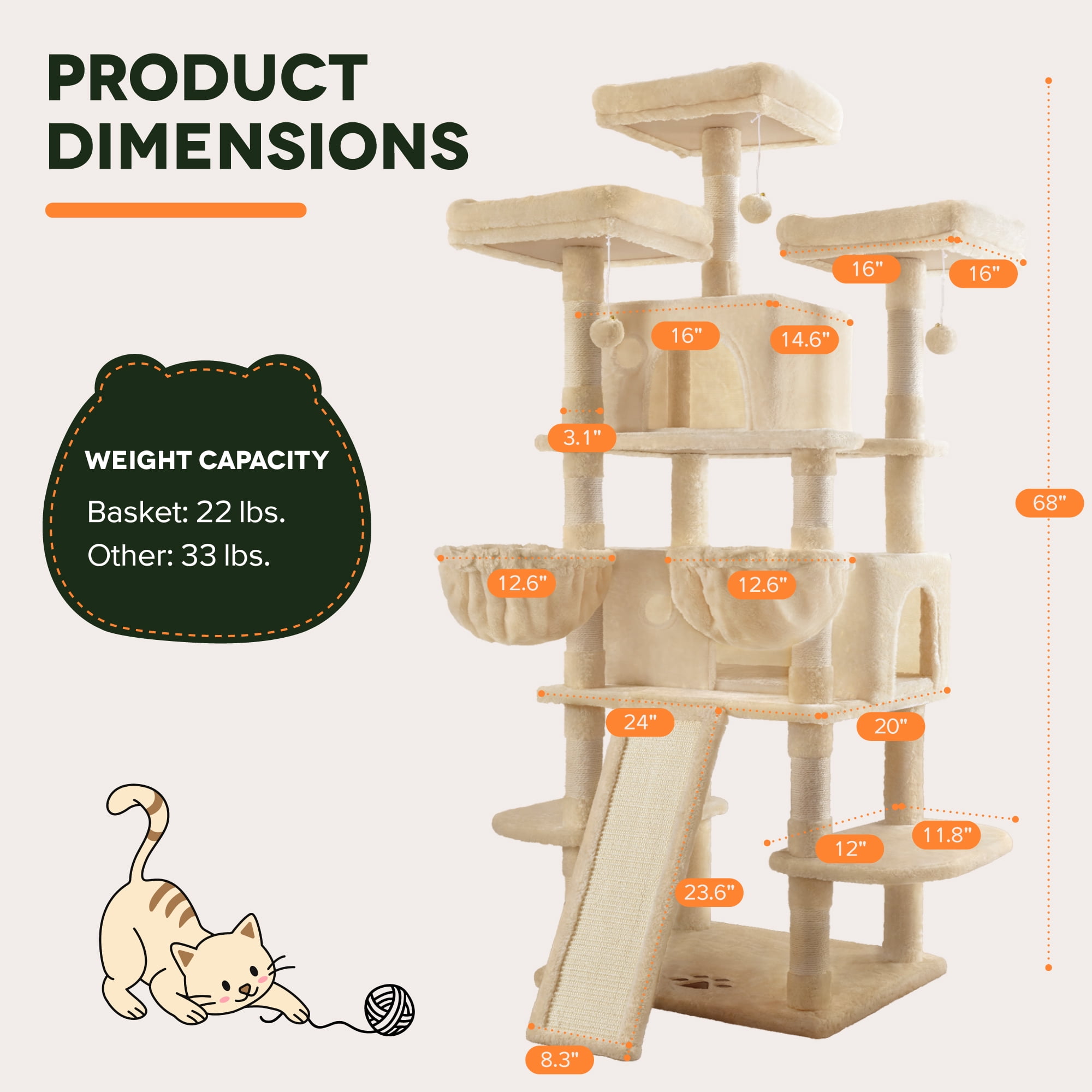 Einfach 68" X-Large Cat Tree and Tower with Condo Houses, Scratching Board & Posts for Indoor Cat, Beige