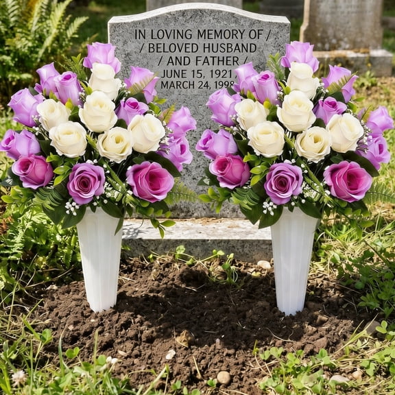Set of 2 Artificial Cemetery Flowers with Vase, Grave Memorial Flowers, Realistic Silk Rose Bouquet for Headstone home Decoration, Cemetery Gravesite Decorations(Purple White)