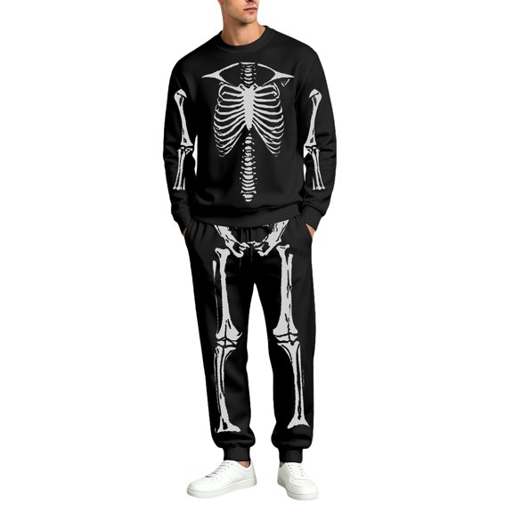 Yuncity Mens 2 Piece Outfits Halloween Skeleton Print Sweatshirts Without Cap Long Sleeve Crewneck Casual Sets For Holiday Festivities Sweatsuit Comfort Tracksuit Size L Black