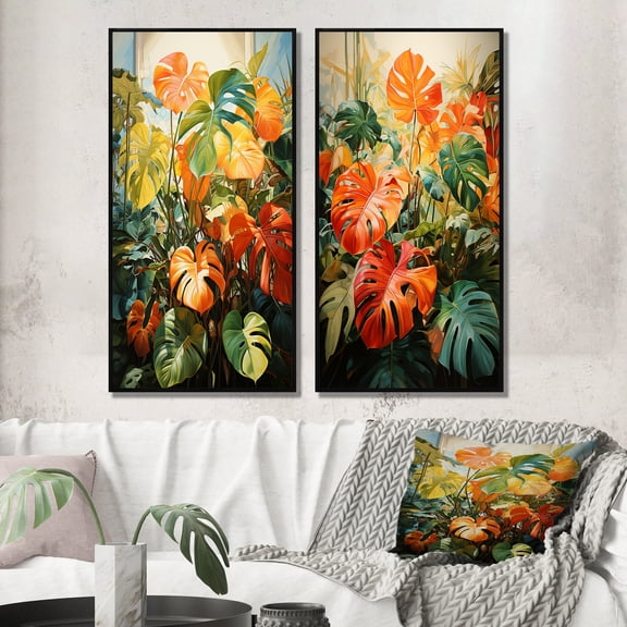 Designart "Tropical Foliage in Orange and Green III" Abstract Botanicals Framed Wall Art Set Of 2 - Orange Floral Framed Wall Art Set Of 2