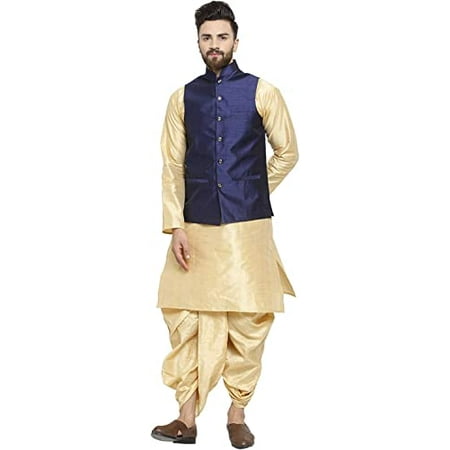 

Royal Kurta Men s Silk Blend Kurta Dhoti & Nehru Jacket Set (42 Navy-Gold)