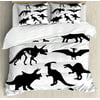 Dinosaur Queen Size Duvet Cover Set, Prehistoric Skeleton Bone Black Silhouettes of Different Ancient Wild Dinosaurs, Decorative 3 Piece Bedding Set with 2 Pillow Shams, Black White, by Ambesonne