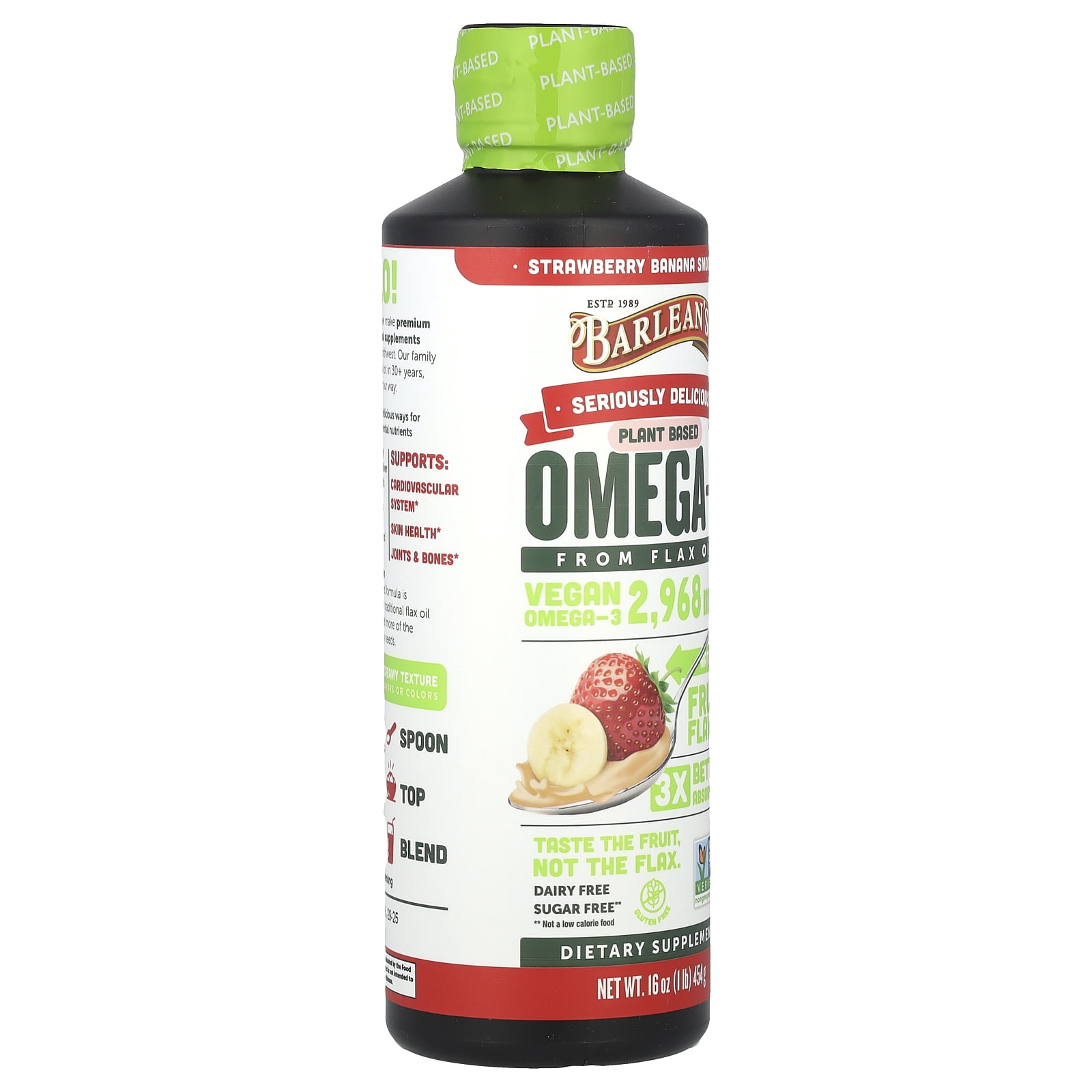 Barlean's Seriously Delicious, Omega-3 from Flax Oil, Strawberry Banana Smoothie, 2,968 mg, 16 oz (454 g)