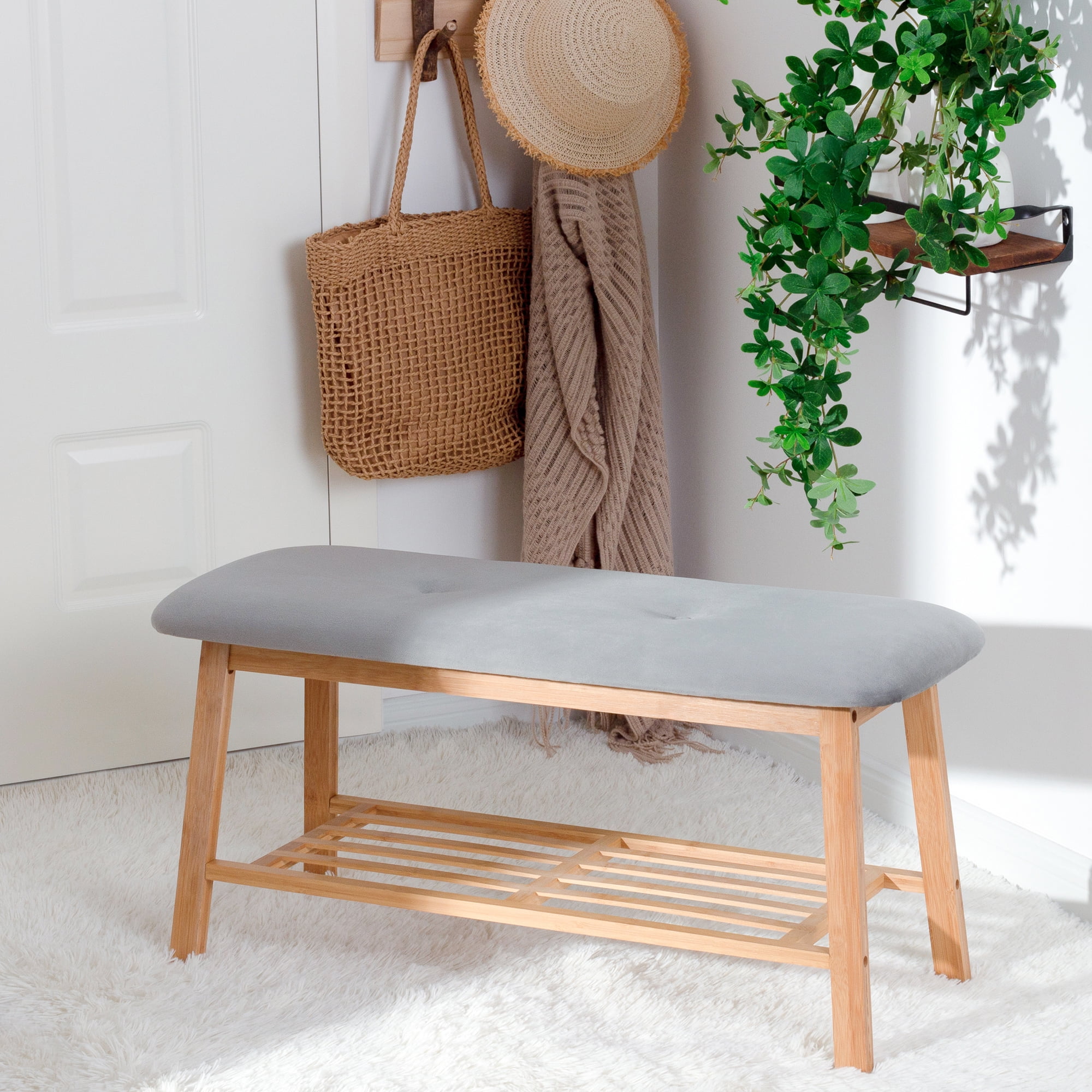 Tufted Fabric Bench Ottoman Bench, Gray