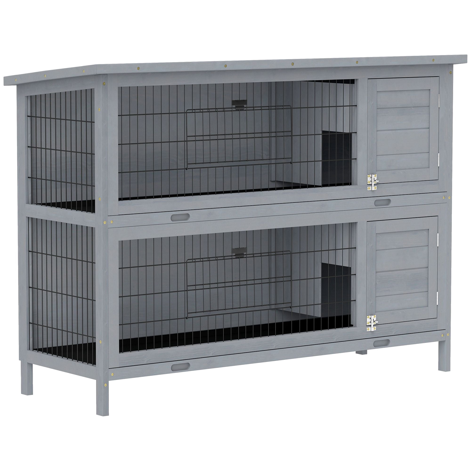 Rabbit Hutch, 2-Tier Fir Wood Outdoor Pet Cage with Asphalt Roof and Pull-Out Tray, Grey, 53.7 x 19.7 x 36.6 in