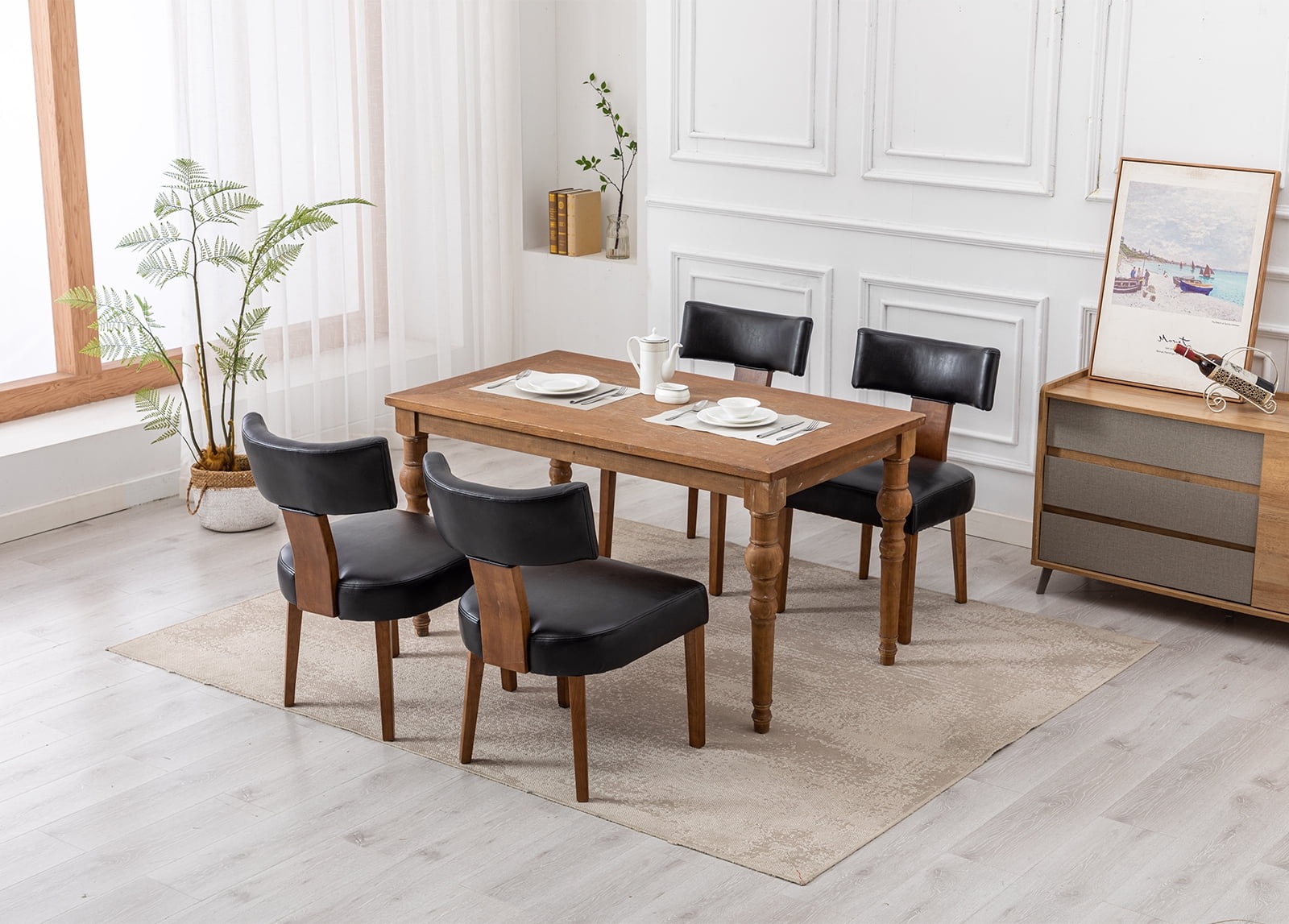 Guyou Dining Chairs Set of 4, Mid-Century Modern PU Upholstered Kitchen Chairs with Curved Backrest, Wooden Side Chairs for Dining Kitchen Living Room Bedroom, Black