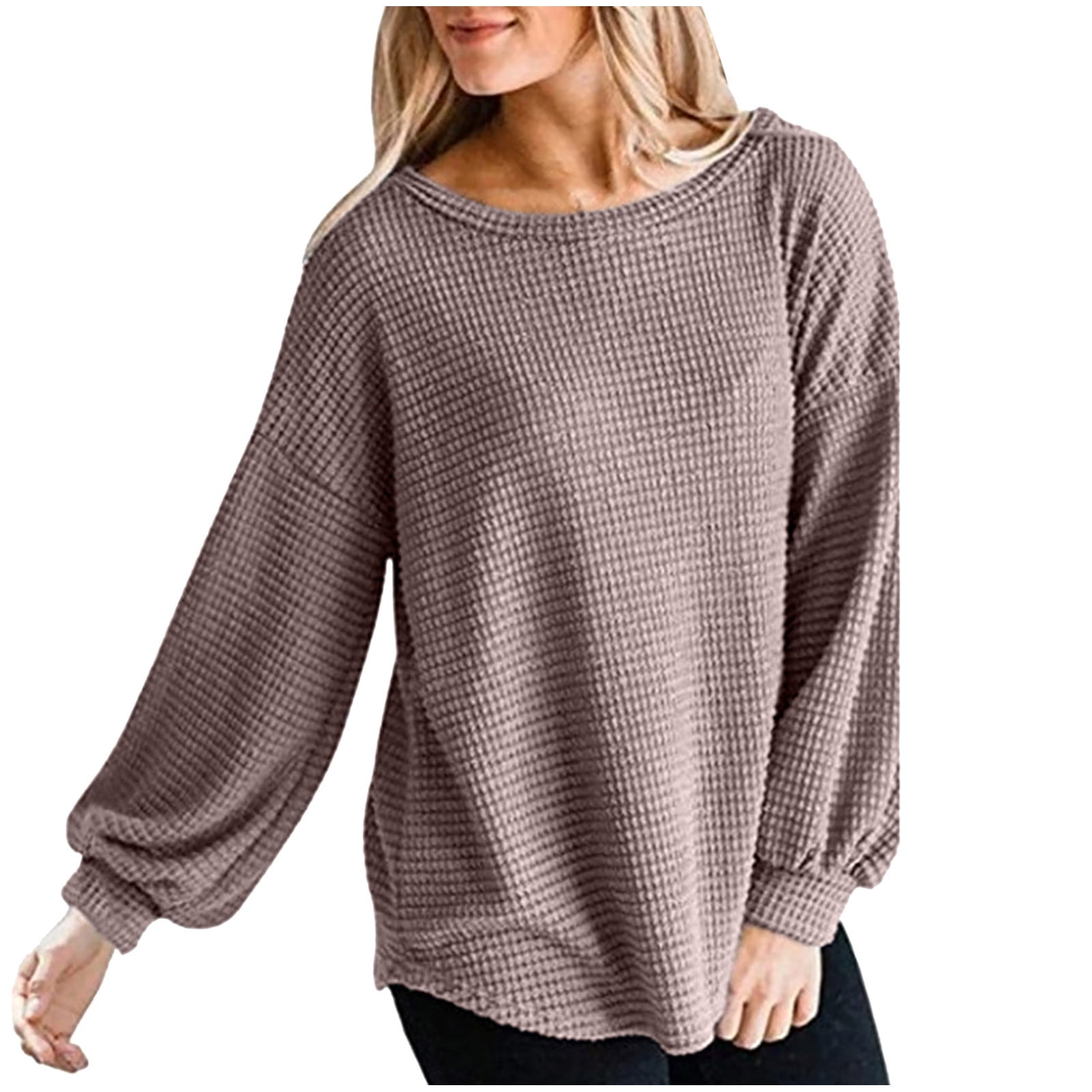 RQYYD Women's Long Sleeve Crew Neck Waffle Knit Blouse Shirts Casual ...
