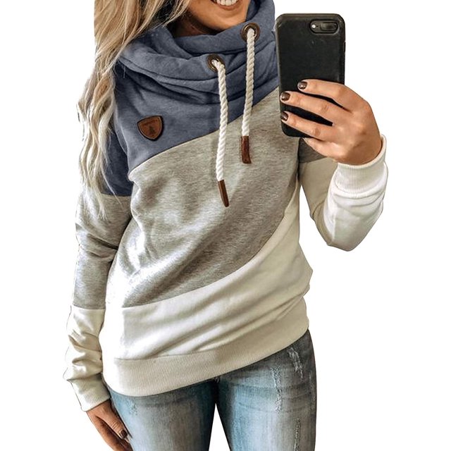 Womens Cowl Neck Color Block Striped Drawstring Sweatshirt Pullover Long Sleeve Hoodie Casual Tunic Tops