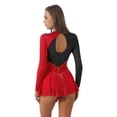 thumbnail image 3 of Kaerm Womens Sparkling Rhinestone Figure Skating Dance Dress Leotard Long Sleeve Lyrical Dresses Red&Black S, 3 of 7