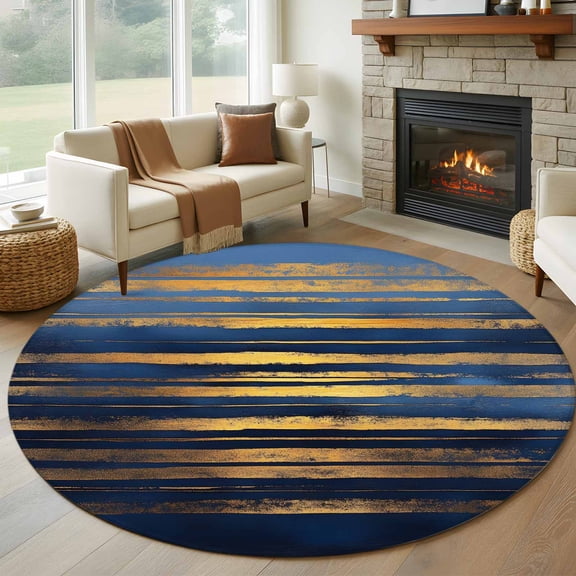 Summer Blue Gold Round Rug 5ft Washable Circle Kitchen Rugs Non Slip Modern Coastal Ocean Wave Large Area Rug Indoor Floor Carpet for Bedroom Living Room Home Office Dining Room Nursery