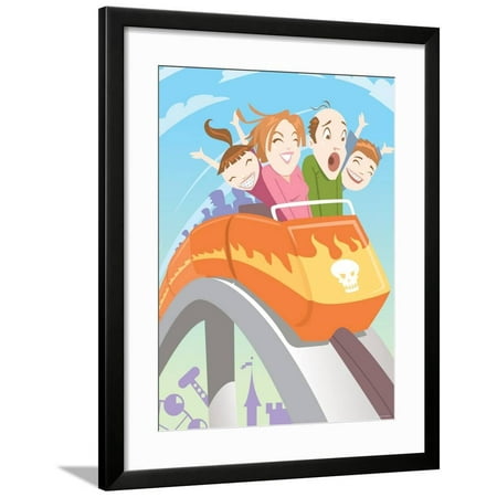 Family Screaming and Riding on Speeding Roller Coaster in Amusement Park Framed Print Wall