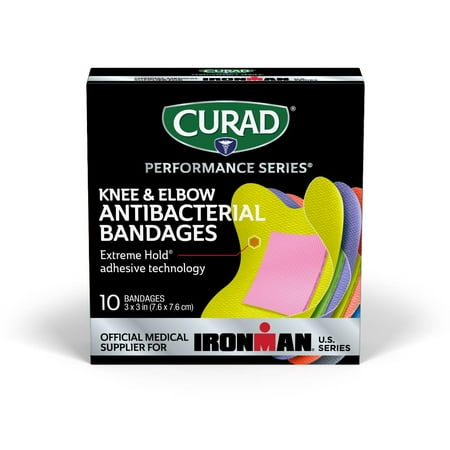 CURAD Performance Series IRONMAN Antibacterial Bandages, Elbow/Knee, 3" X 3", 10Ct