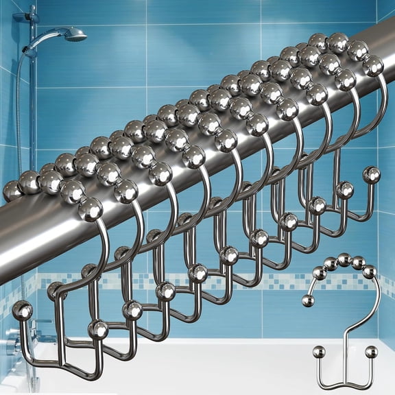 TELOLY Shower Curtain Hooks, Stainless Steel, Rust-Resistant, Easy Install | 12 Pcs, Double Hooks Hold Liner & Curtain, Smooth Glide & Secure Hold, Nickel, Fits Any Shower Curtain Rod
