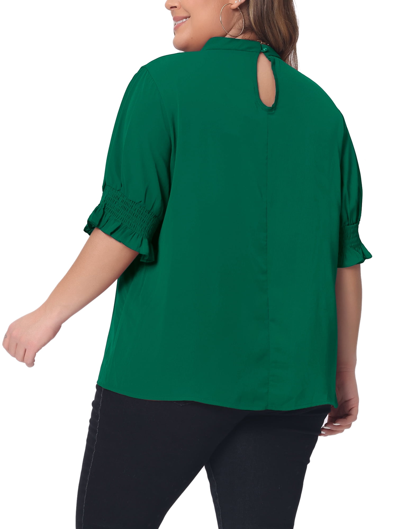 DARING DIVA Women's Plus Office Pleated Short Puff Sleeves Mock Neck Top 2X Green