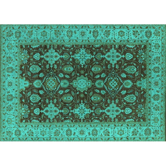 Ahgly Company Indoor Rectangle Oriental Turquoise Blue Industrial Area Rugs, 7' x 10'