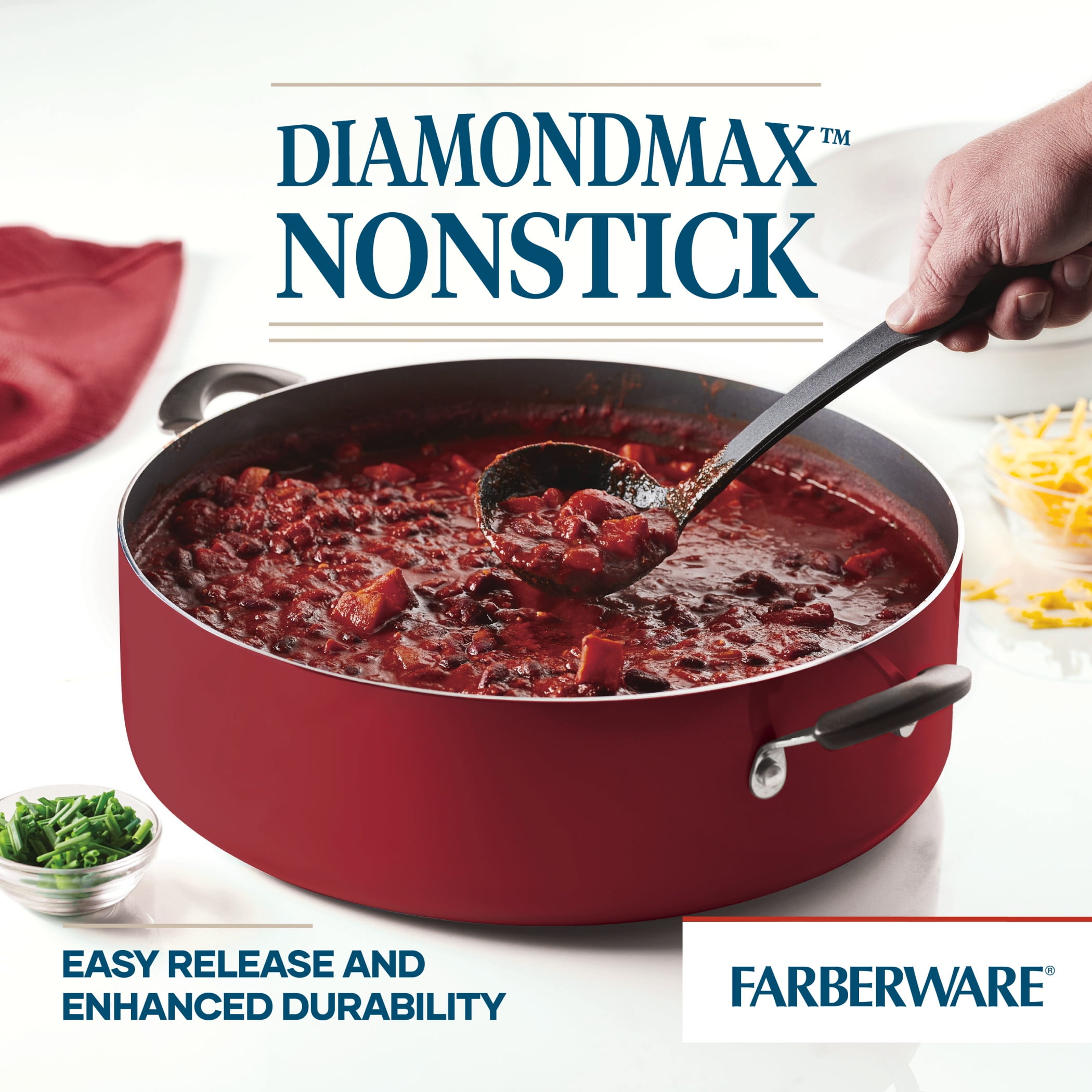 Farberware Easy Clean 14" Nonstick Family Pan, Jumbo Cooker With Lid, Red