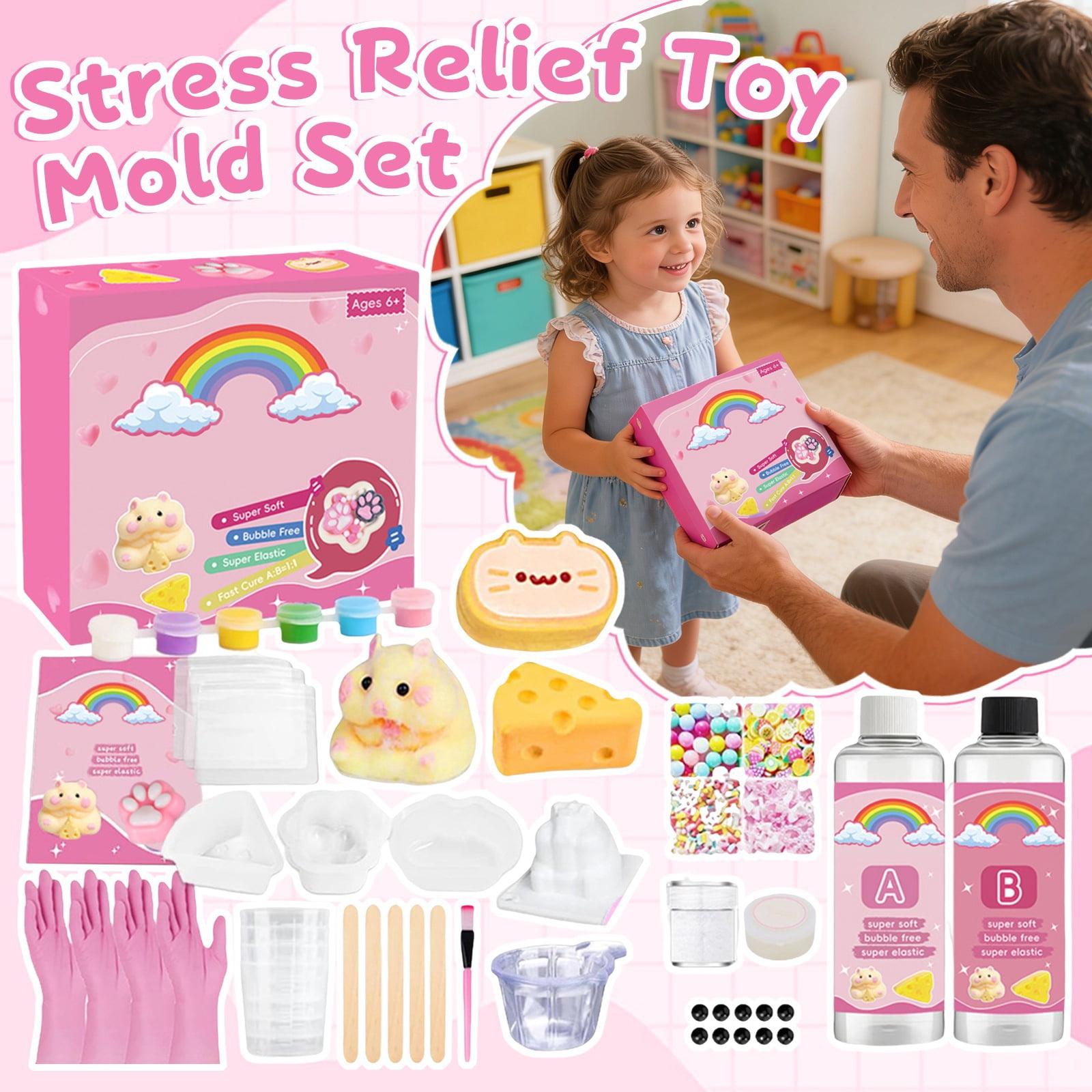 Silicone Mold Making Kit, 8.8Oz 1:1 Silicone, Squeeze Making Kit, Kids Craft Supplies, Art Supplies for Student 6-8, Cat Paw Squeeze, Hamster Squeeze, Gloves for Student, 3 Mold,