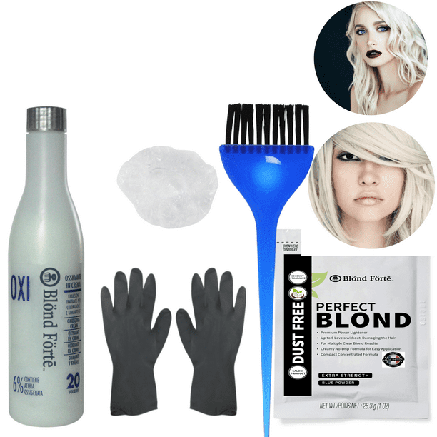 DIY Premium Hair White Bleach Dye Color Lightening Powder Full Kit (Brush &  Glove) + 40 Volume Developer - - Blue Lightener 