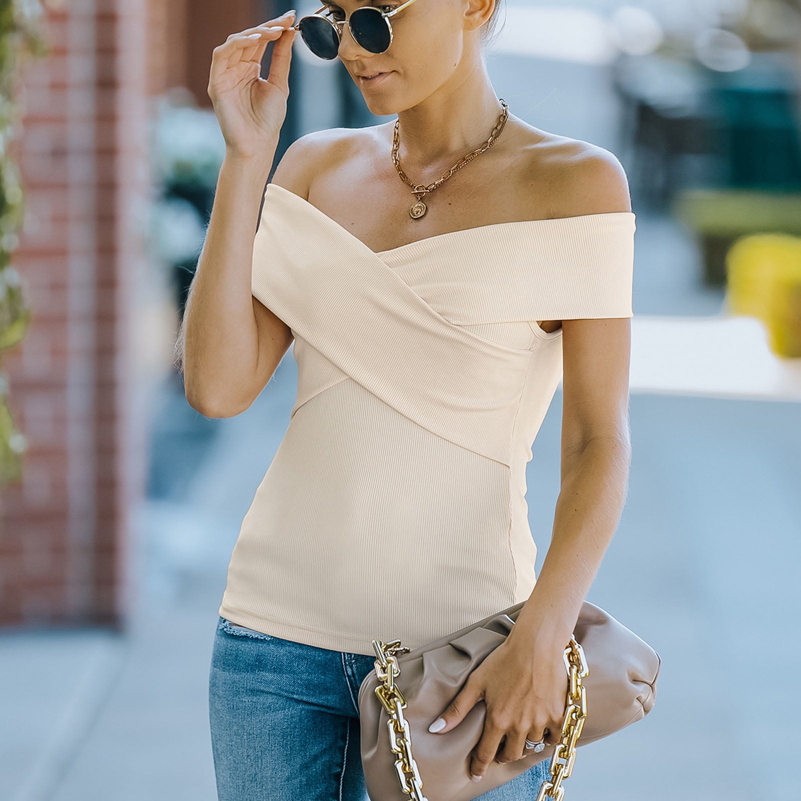 deep v neck off shoulder top