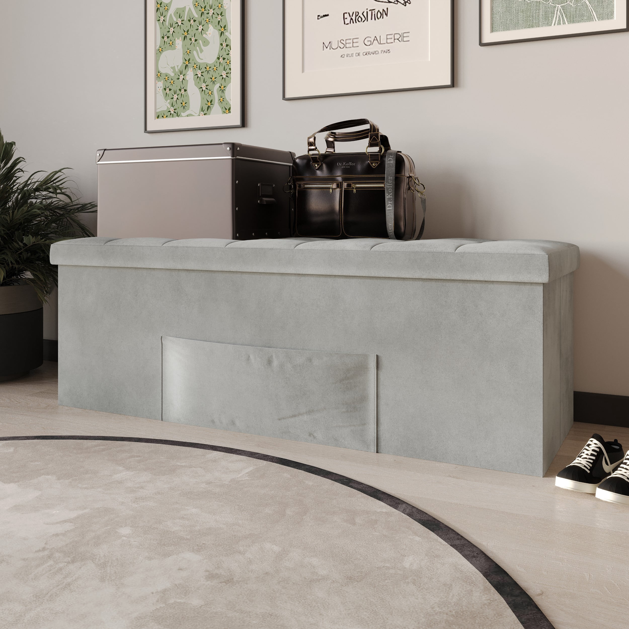 Home Design Chico 42" Tufted Upholstered Folding Storage Bench with Deep Cushion and Front Pocket, Multi-Purpose Rectangular Design for Bedroom, Entryway, or Living Room, Light Gray