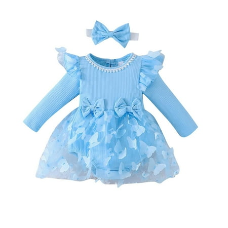 

Lovskoo 0-18M Girl s Solid Color Jumpsuit Round Neck Long Sleeve Ruffle Baby Clothes with Headband Baby Clothes for Girls Sky Blue