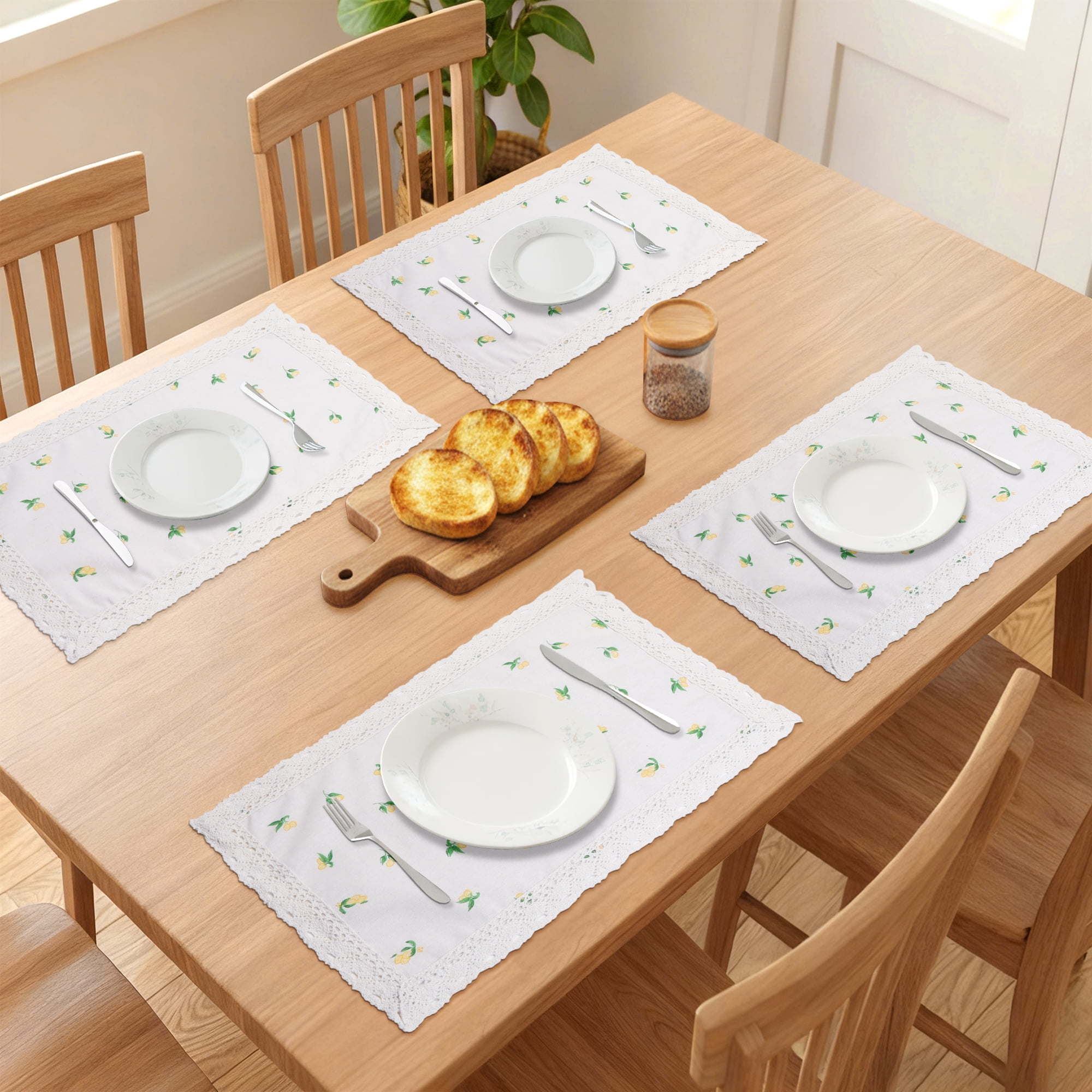 Unique Bargains Set of 6 Rustic Washable Table Mat Placemats with Lace Trim Beige