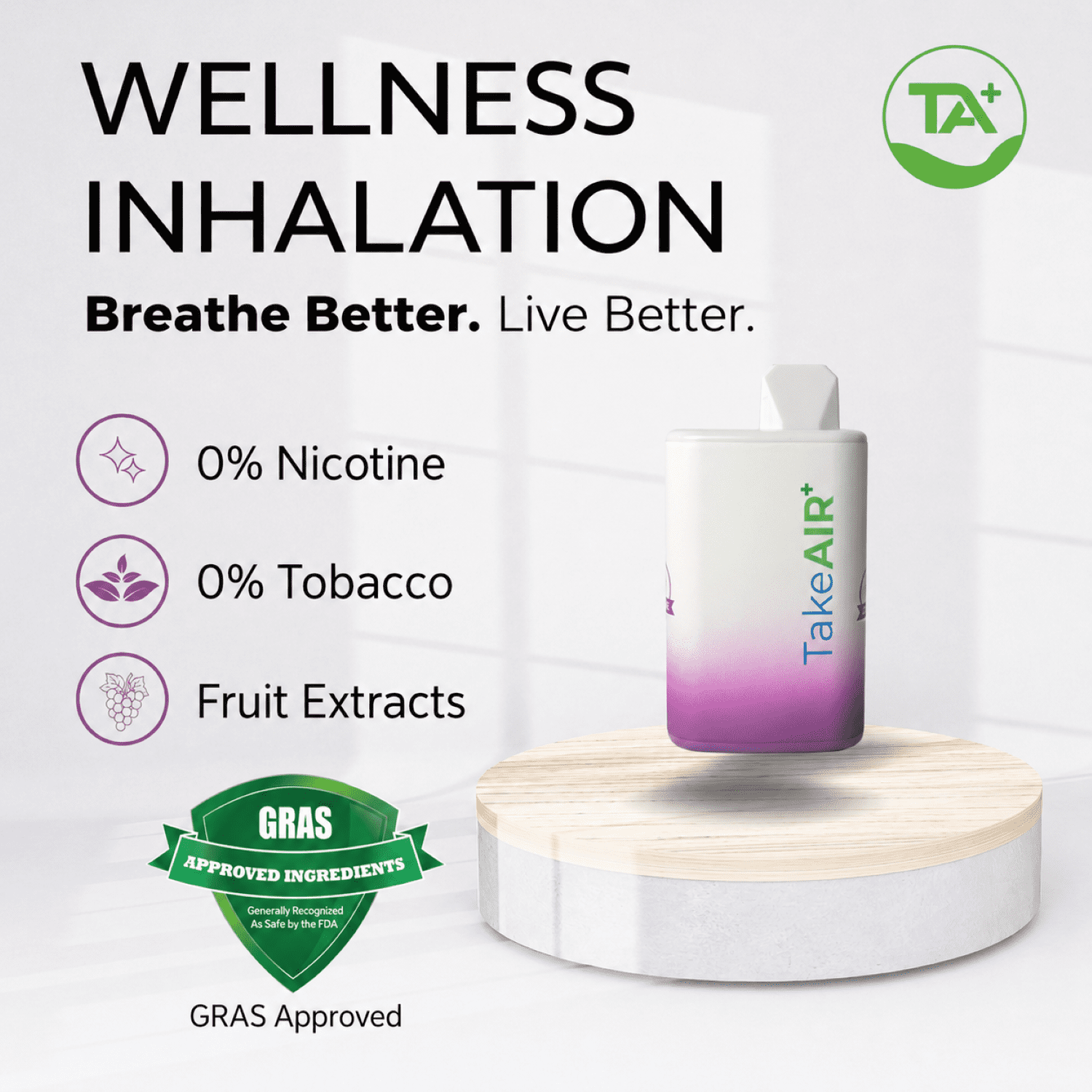 TakeAIR+ Nicotine-Free Diffuser Over 4K Puffs, All Natural, Smokeless Inhaler, Grape