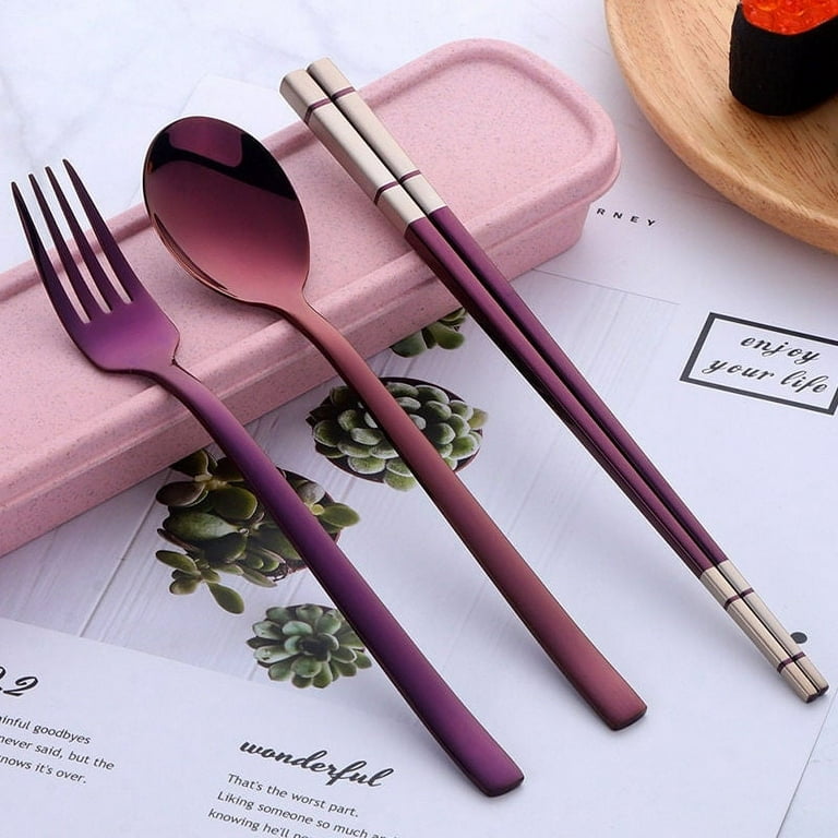 Stainless Steel Cutlery Set Spoon Fork Chopsticks with Wheat Box Travel Set