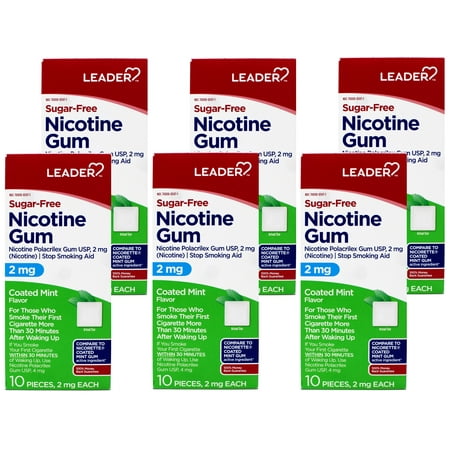 6 Pack - LEADER Nicotine Gum Stop Smoking Aid, 2 mg Nicotine, Sugar-Free, Coated Mint Flavor, 10 Count