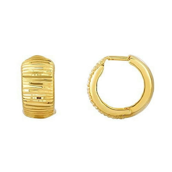Jewelstop 10K Yellow Gold Shiny & Diamond-Cut Snuggable Huggie Round Hoop Earrings 7x15mm, 1.7gr.