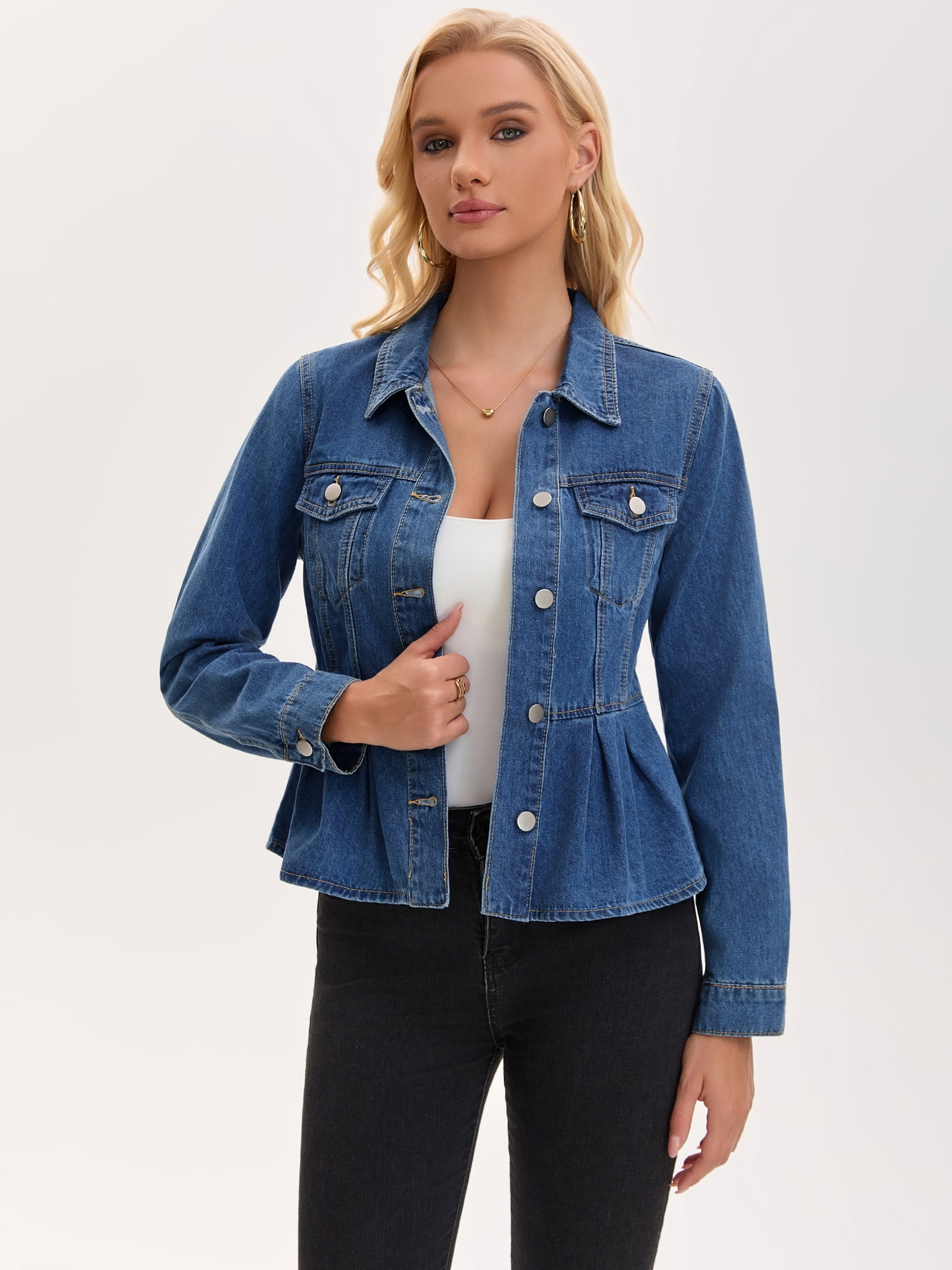 DARING DIVA Women's Button Down Collar Ruffle Hem Peplum Jean Jacket L Blue