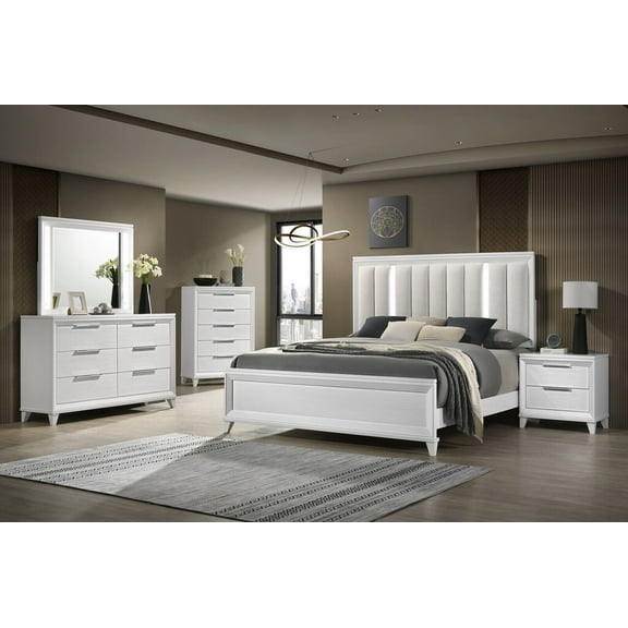 6Pc White Finish Queen Size Bedroom Set Built in Lighting HB Upholstered Bed Bedroom Furniture